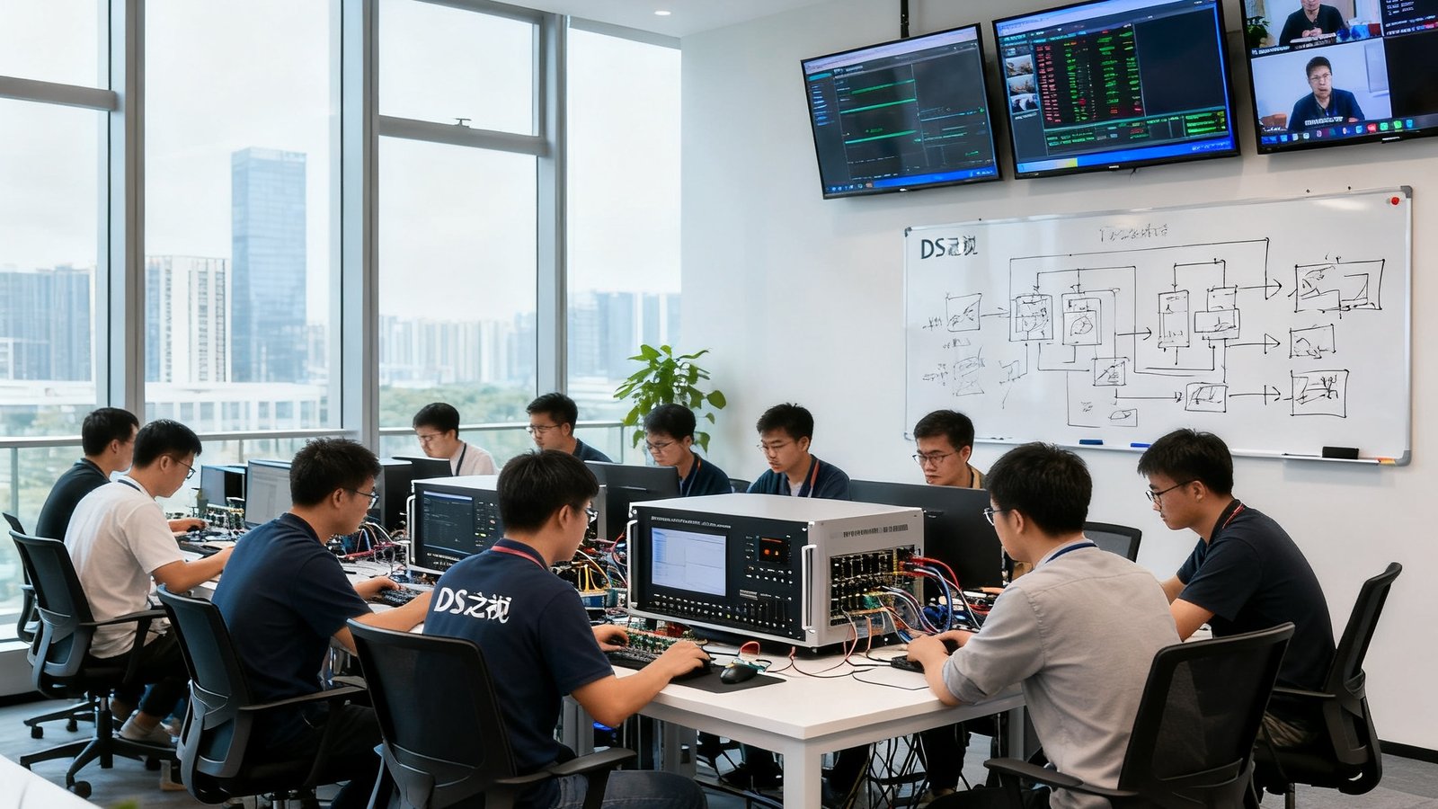 DS视讯深圳总部开放式办公区内，自然光线透过落地窗洒入，二十余名研发工程师正围坐在测试台前调试新一代智慧录播主机原型机，墙面上挂着多块显示屏展示实时视讯传输数据，会议区白板上写满技术架构草图，展现出浓厚的研发创新氛围。
