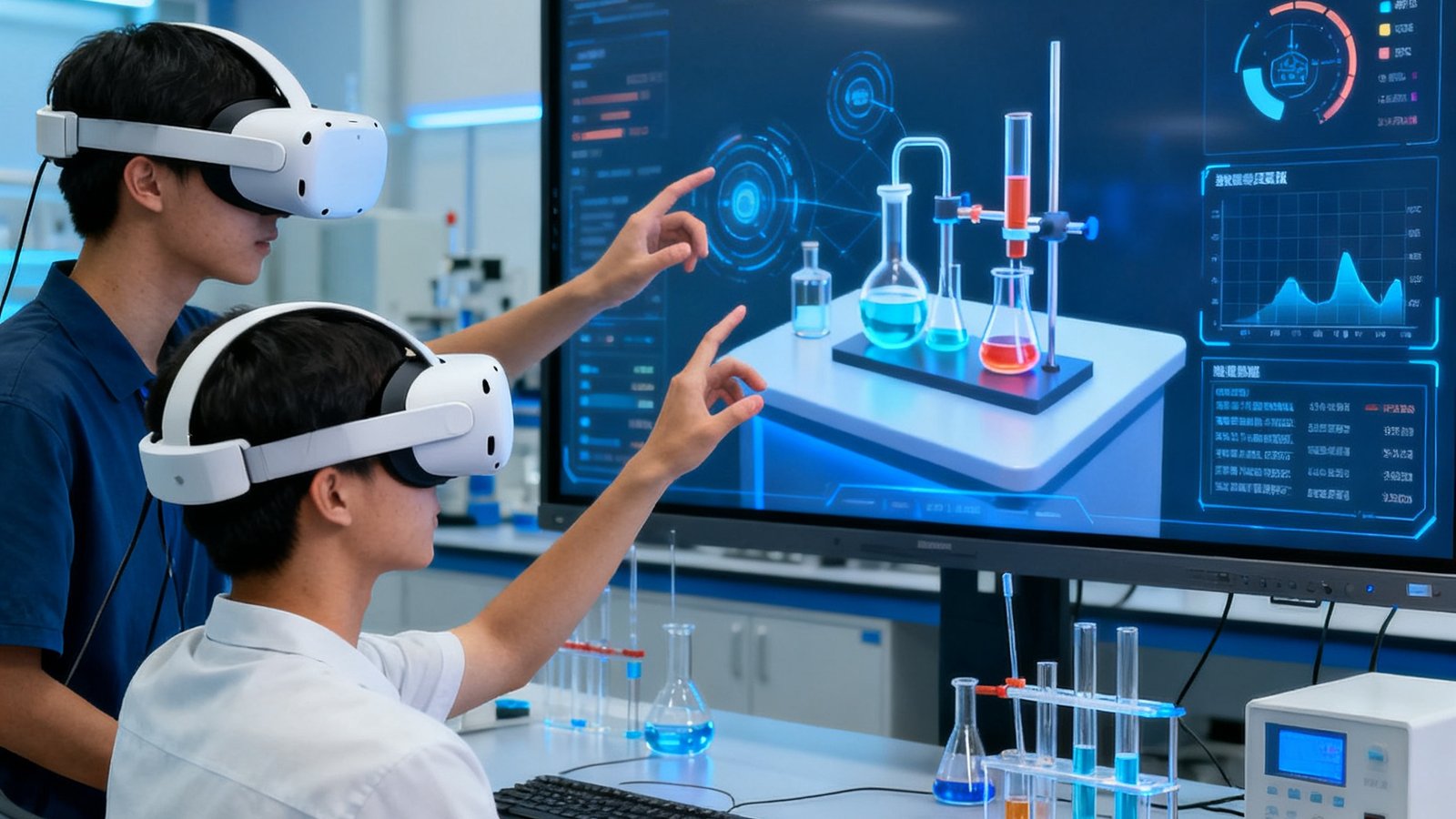 两名大学生在虚拟仿真实验室中使用DS视讯虚拟仿真视讯系统，佩戴轻量化VR头显设备，手势在空中操控虚拟化学实验装置，大屏幕上实时显示3D实验场景和操作反馈数据。