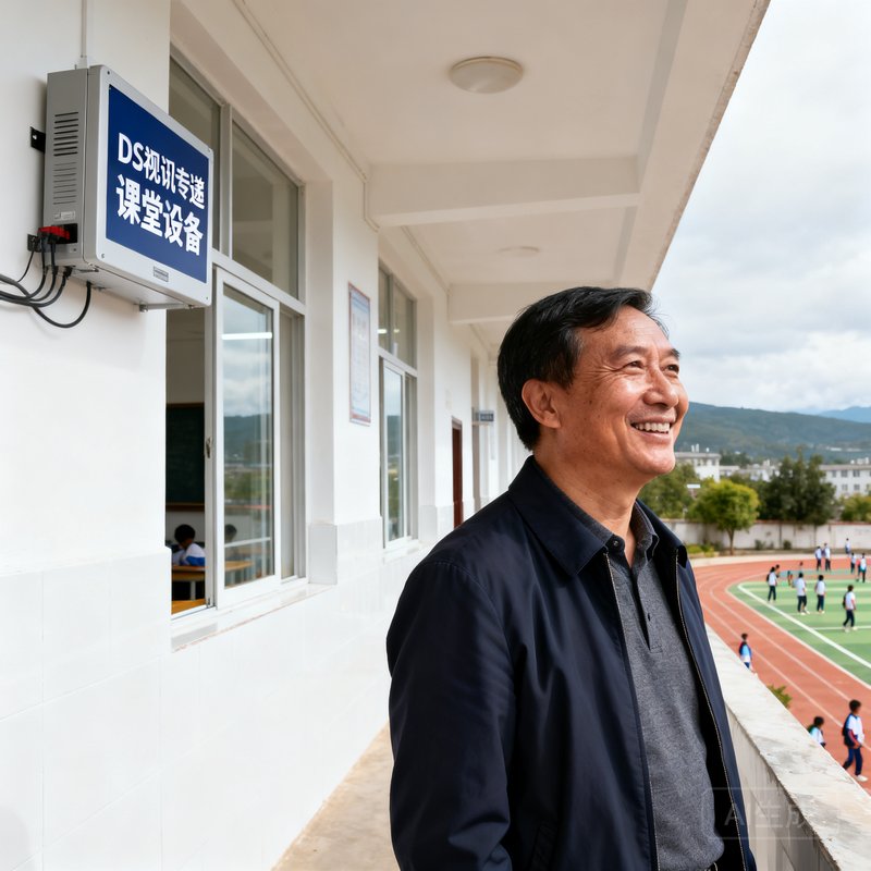云南红河州某县中学校长李校长站在学校教学楼前，身后是刚安装完成的DS视讯专递课堂设备教室，面带欣慰笑容望向远方操场。