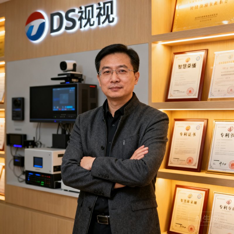 DS视讯创始人兼CEO陈志明，四十岁左右男性，身穿深灰色商务休闲夹克，双臂交叉站立在公司产品展示墙前，背景中可见智慧录播设备与专利证书陈列，神态沉稳自信。